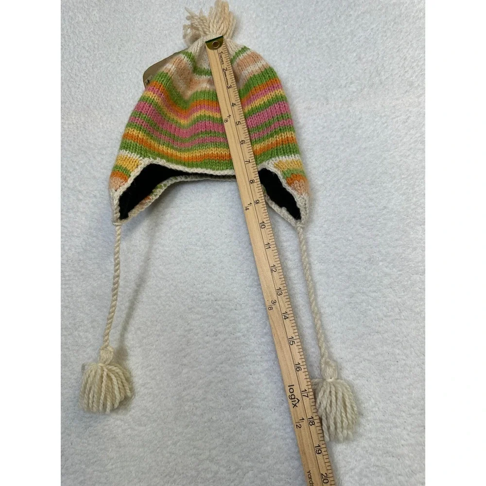 Artesania Alpaca Wool Hat Multicolor Stripes Pom Ear‎ Flaps Handmade Kids-New